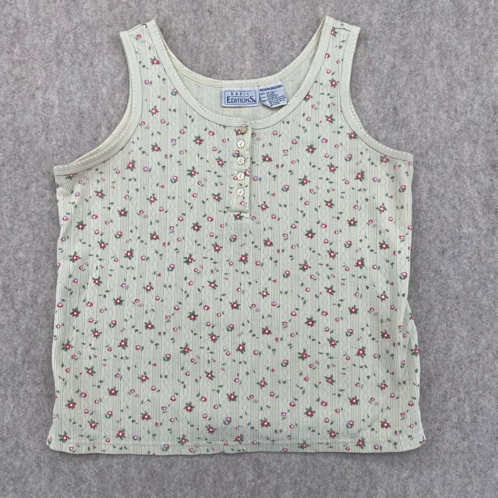 Vintage Floral Pointelle Henley Tank Top Cream Pink Red Medium